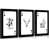 Western Wall Art Set of 3, Cowboy Bull Skull Cactus Canvas Prints 12x16in | Black white cowboy, longhorn skull and cactus pictures artwork for bedroom, living room, game room, home bar or ranch decor