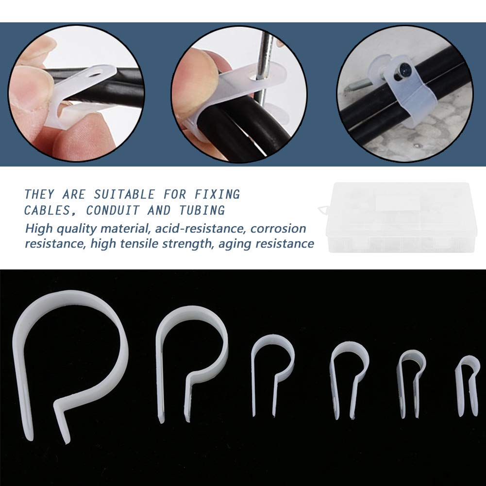 200pcs P Clips Nylon Plastic Fasteners with Assorted Box Fasteners for Conduit, Cable Conduit Kit, Tubing & Sleeving (White)