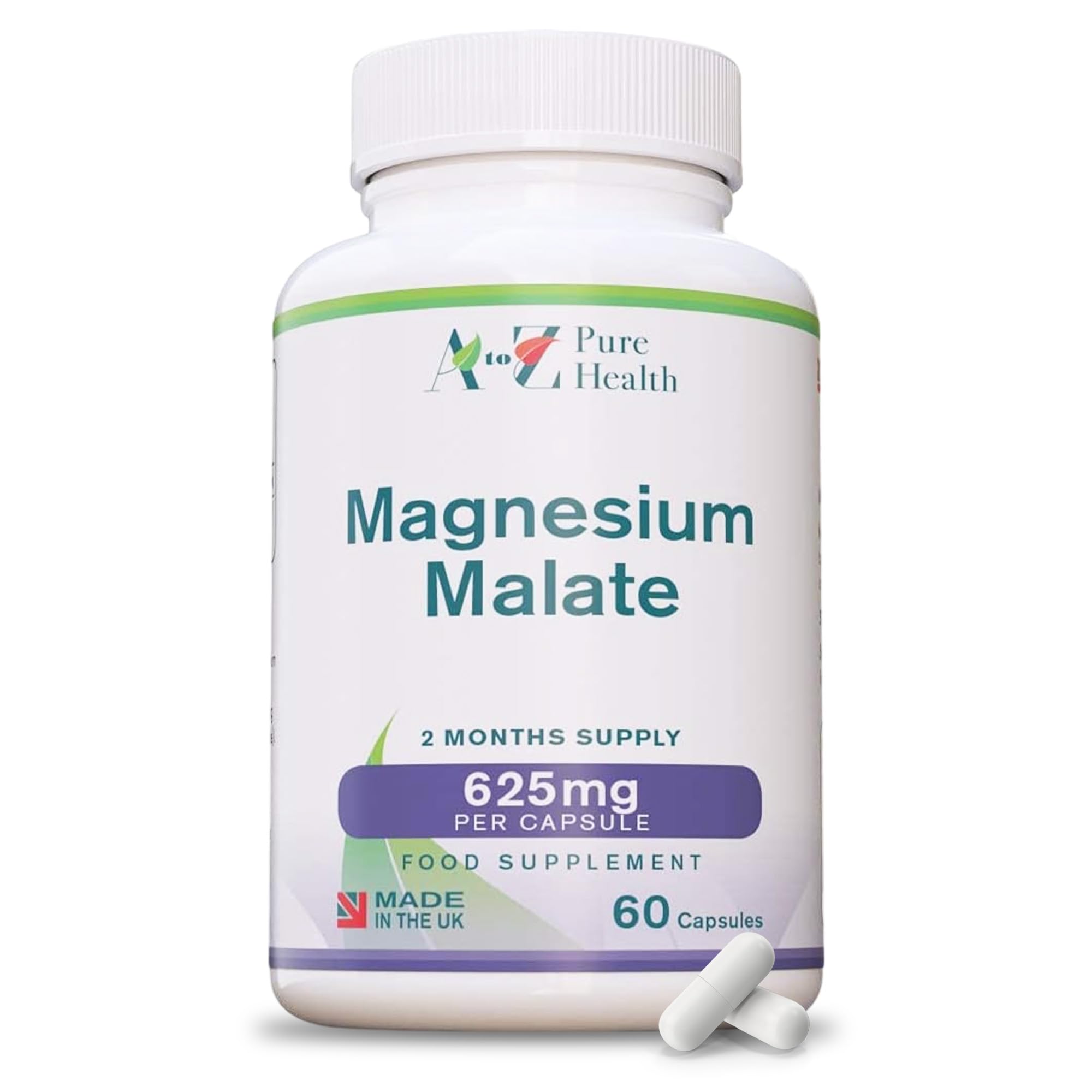 Magnesium Malate Capsules | High Absorption, Premium Magnesium Malate 625mg Supplement | 60 Easy to Swallow Capsules (2 Months Supply) | Supports Energy Levels, Heart Health, Muscle Function | UK Made