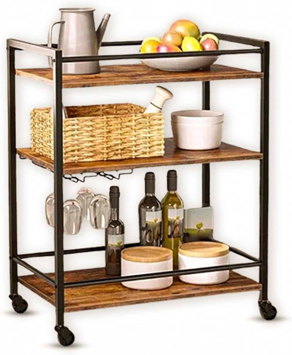 FEFE 3 Tier Rolling Kitchen Cart Rustic Wood Metal Wine Glass Rack 25kg