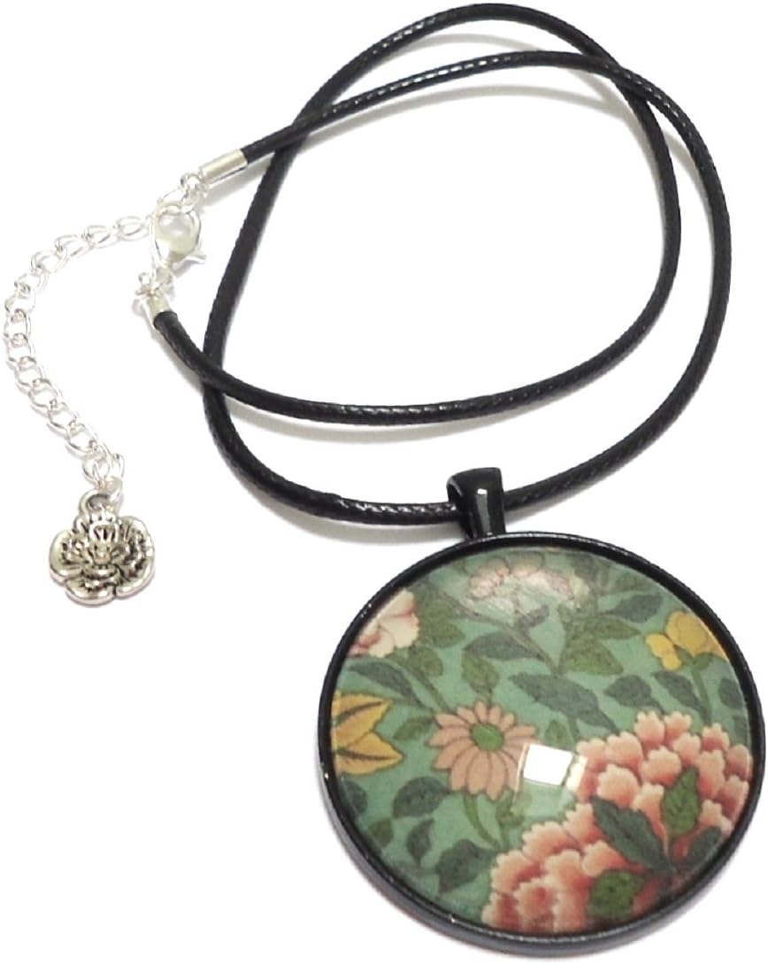 Oriental Floral Patterned Glass Pendant on a Waxed Cord Necklace