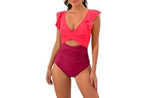 B2prity Women's One Piece Swimsuit Ruffle Cutout Bathing Suits Slimming Tummy Control V Neck Wrap Swimwear