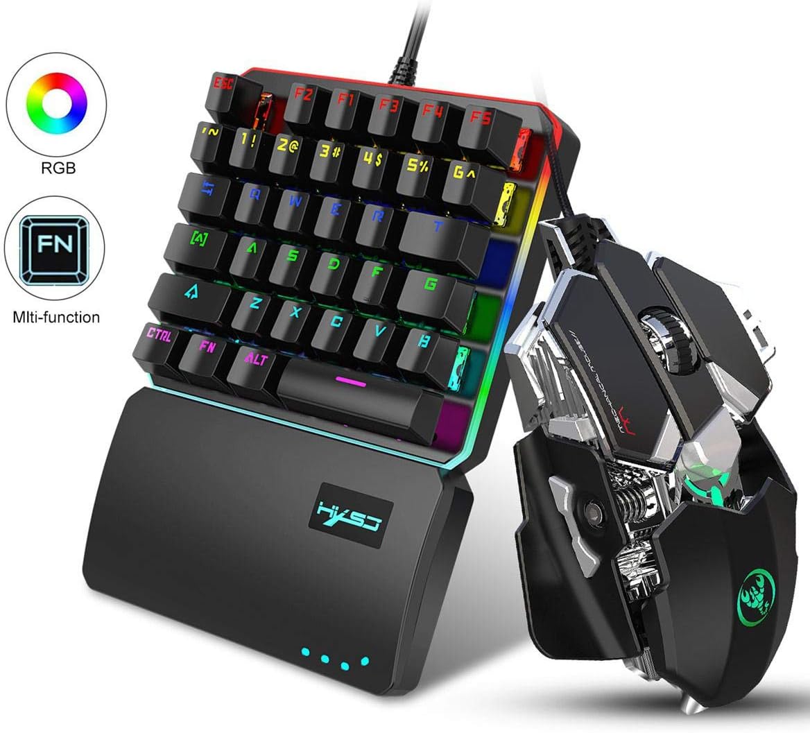 Baiwka One Handed Mechanical Gaming Keyboard, 35 Keys Half Keyboard Gaming with Gaming Mouse, Wired Gaming Keypad Blue Switches RGB LED Backlit, Mini Game Keyboard for LOL/PUBG/Dota/OW/Fps Game