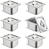 TSUBOR 6 Set Stainless Steel Hotel Pans 1/6 Size 4 Inch Deep With Lids, Anti-Jam Chafing Steam Table Pans, Catering Food Storage Metal Pan
