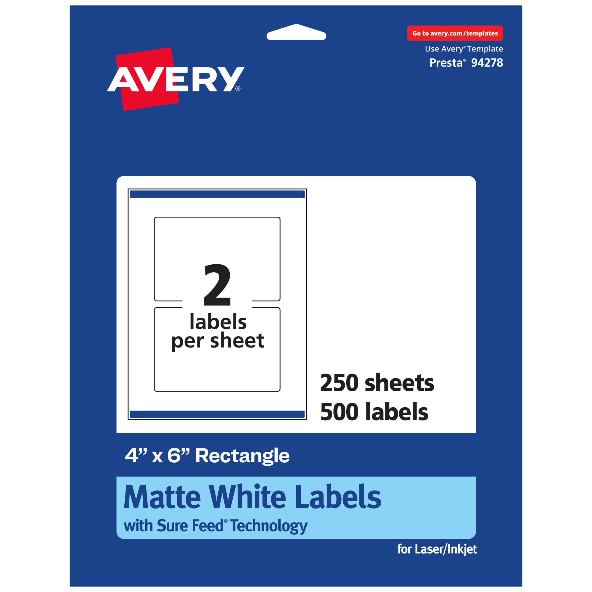 Avery Matte White Rectangle Labels, Sure Feed Technology, 4″ x 6″, 500 White Labels, Print-to-The-Edge, Permanent Adhesive, Laser/Inkjet Printable