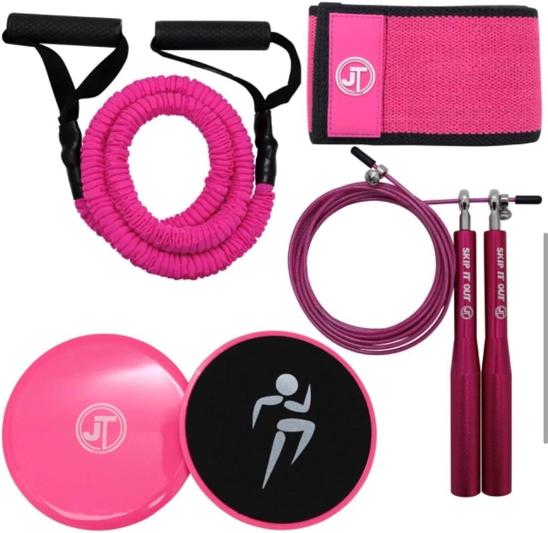 JT Fitness Home Workout Kit for Resistance and HIIT Training, Set Includes Resistance Bands with Soft Grip Handle, Double Sided Core Slider, Booty Band and Adjustable Skipping Rope