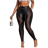 WDIRARA Women's Plus Size Mesh PU Leather Skinny Pants Elastic Waist Leggings