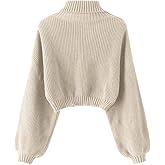 ZAFUL Women's Crew Neck Long Sleeve Pullover Crop Sweater Mock Neck Lantern Sleeve Ribbed Knit Cropped Sweater