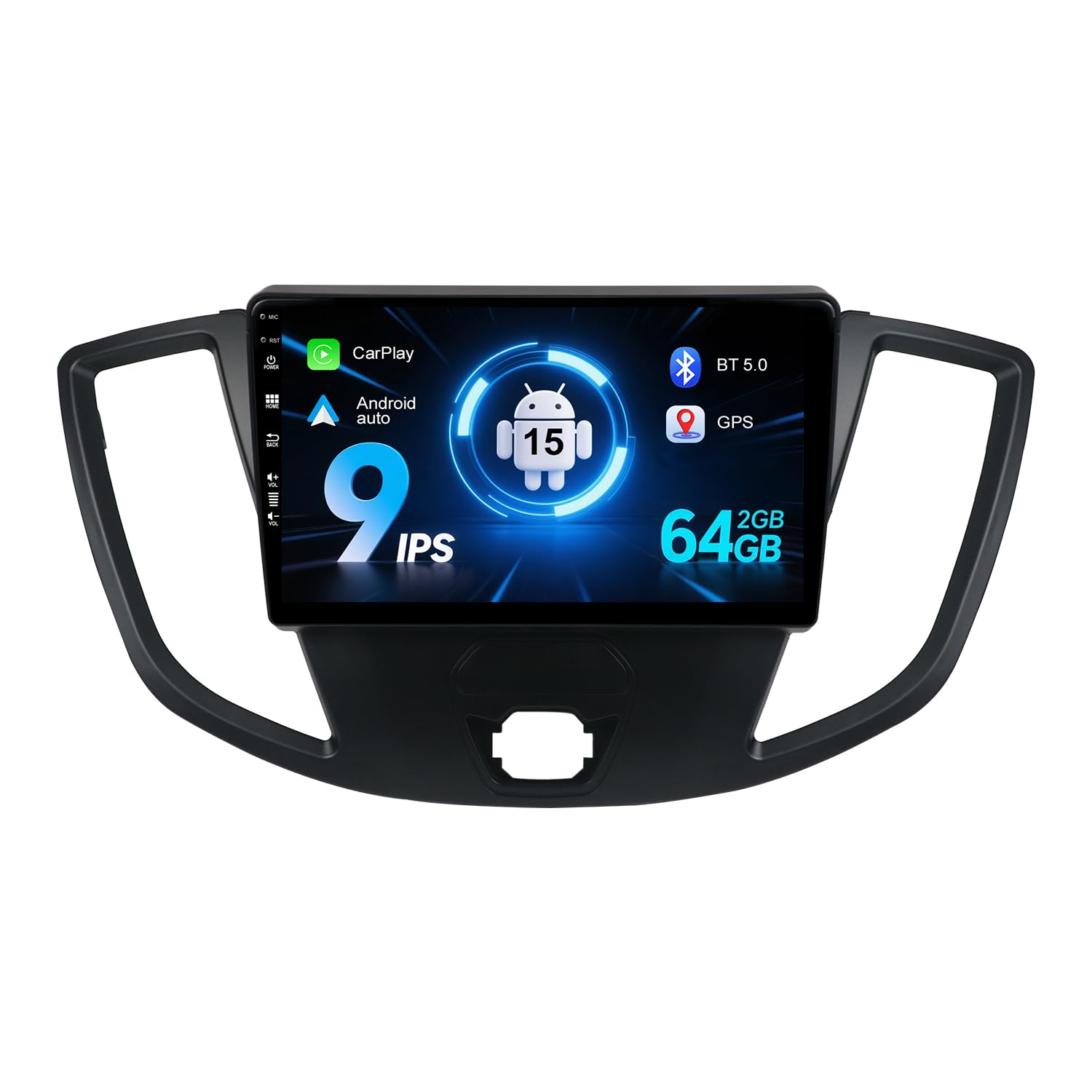 9" IPS Android 15 Car Stereo For Ford Transit 2015-2019 Head Unit |2G+64G| Support Carplay Bluetooth GPS Sat Nav Mirror Link Camera DAB RDS WIFI SWC Double Din