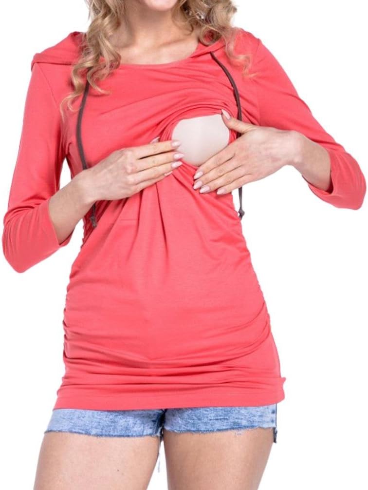 Maternity Nursing Tops, Womens Baby Bump Tee Long Sleeve Pregnancy Clothing Breastfeeding Ruched Hooded Shirt Blouse (M, Pink)