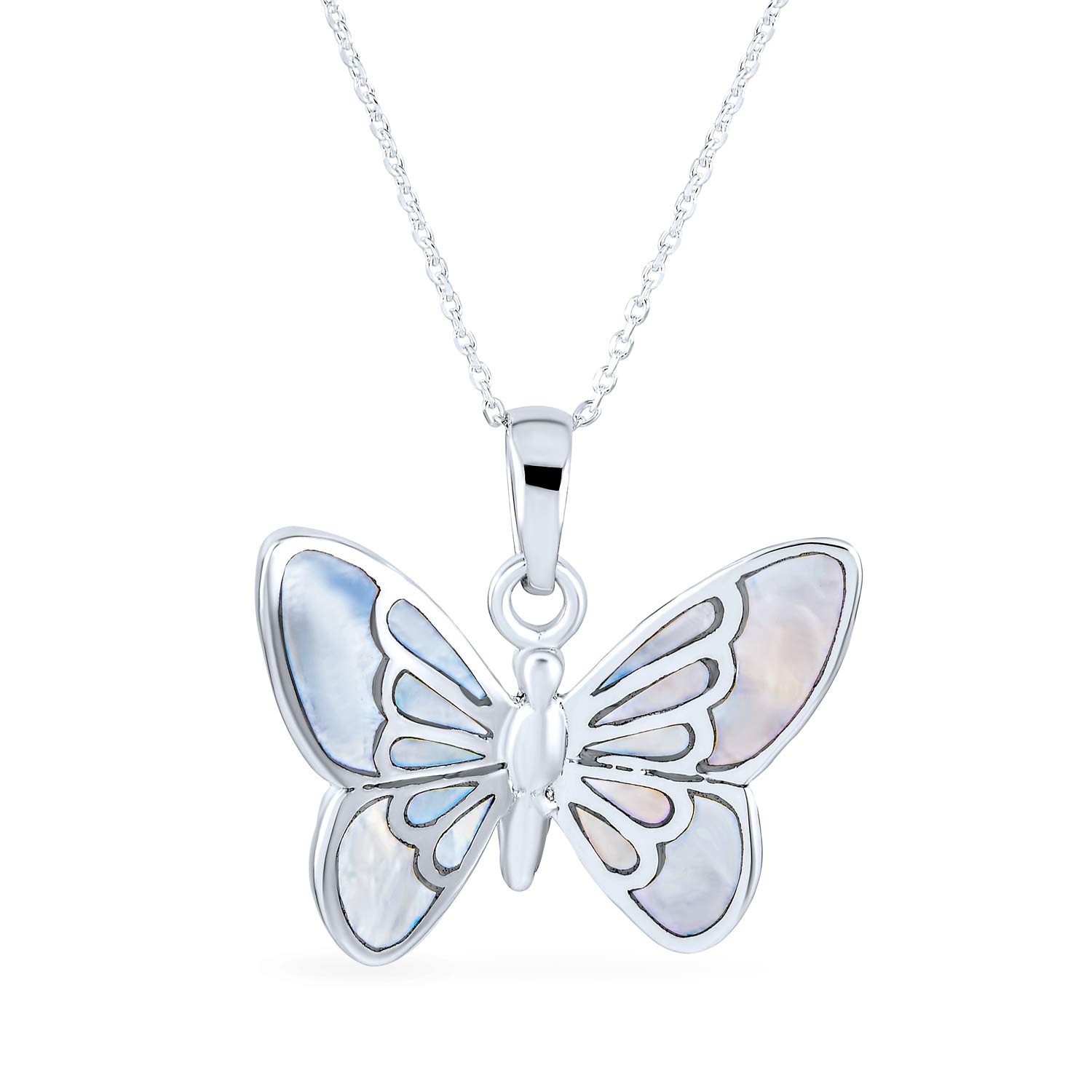 Bling Jewelry Fine Iridescent Color Changing Rainbow Abalone Shell Inlay Butterfly Pendant Necklace For Women For Teen .925 Sterling Silver With Chain