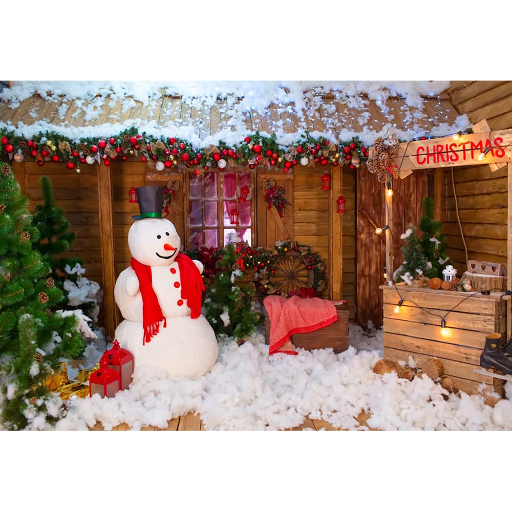 Aoihrraan 3x2m Christmas Wood House Photography Backdrop Xmas Trees Snowman Winter Outdoor Snow View Background New Year Festival Family Party Banner Supplies Kids Portrait Photo Studio Props