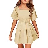 Batermoon Girls Summer Dress Square Neck Short Sleeve Crossover Waist Casual A-line Mini Dress