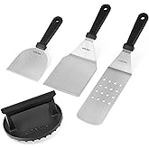 onlyfire Stainless Steel Professional Barbecue Tool Kit for Blackstone | Griddle Set Accessories for Outdoor Camping, Grill Spatulas Cast Iron Meat Press and Chopper/Scraper for Grilling - 4PCS