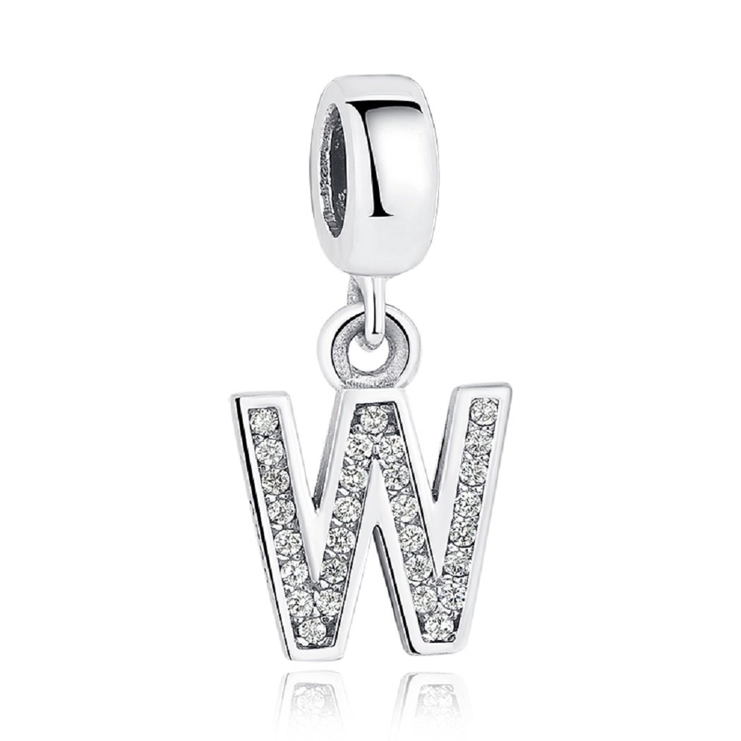 FeatherWish Sterling Silver 925 Letter A-Z Charms With Cubic Ziconia Compatible With Pandora Bracelet (Letter W)
