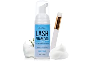 AUREVE Lash Shampoo for Lash Extensions 60 Ml/2fl.oz Eyelash Extension Cleanser Oil Free Lash Cleanser for Eyelash Care, Gentle Foaming Eyelash Shampoo with Brush for Salon Home Care (Unscented 60ml)