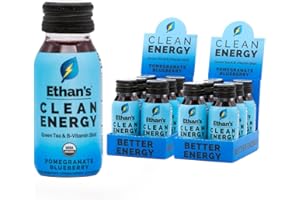 Ethan's Organic Clean Energy Shots Pomegranate Blueberry, Sugar Free Natural Pre-Workout Focus Boost, Gluten Free, Vegan, B6 & B12 Vitamin C with Green Tea Extract and Guayusa (12 Pack of 2oz Shots)