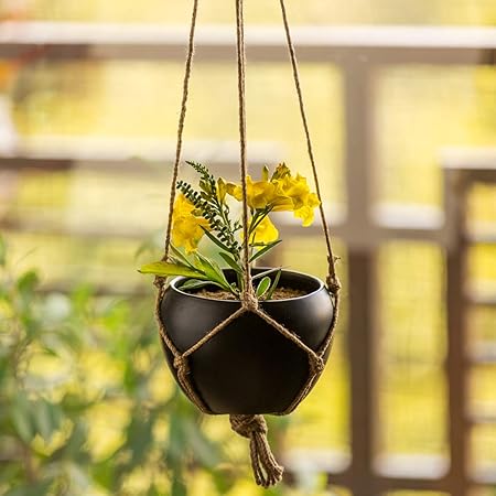 ExclusiveLane Black Goblet Indoor and Balcony Home Decorative Metal Hanging Planter Pot with Jute