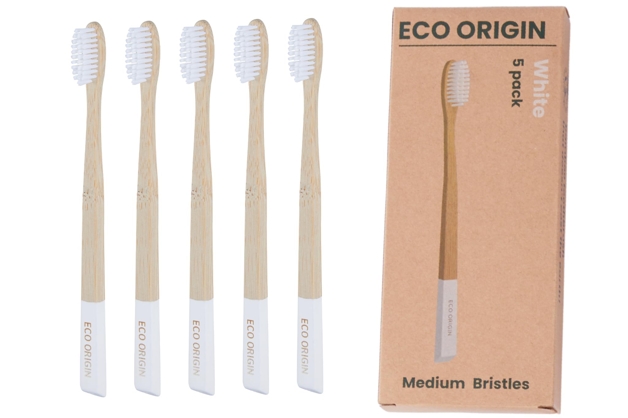 Eco Origin Bamboo Toothbrush with Medium Bristles - 100% Biodegradable Handle - Plastic Free & Recyclable Family Pack - Eco-Friendly Premium Wooden for Kids & Adults - 5 Pack White