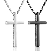 GHIUYUI 2 Pcs Silver Black Cross Necklace for Men Inspirational Bible Verse Cross Chain, Religious Christian Stainless Steel Cross Pendant Necklace Jewelry Gifts