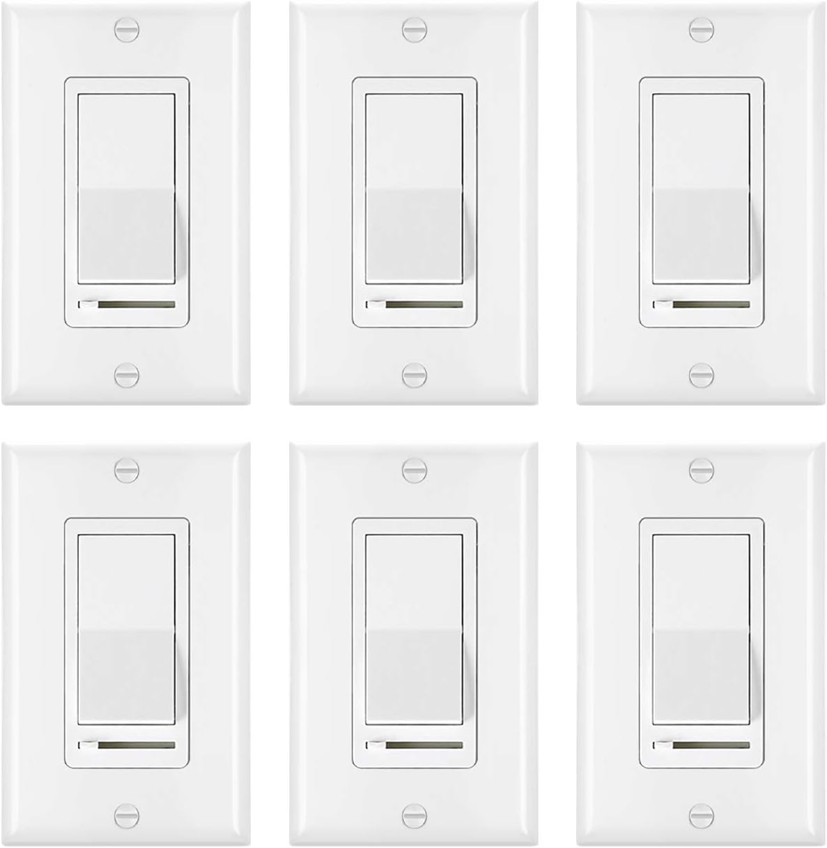 [6 Pack] BESTTEN Rocker Dimmer Switch for Dimmable LED, Halogen and Incandescent Bulbs, Single-Pole or 3-Way, 120V, UL Listed, White - - 