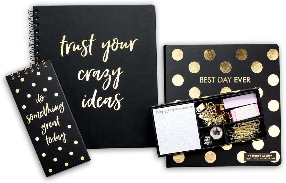 Black and Gold Metallics Stationery Bundle, Top Spiral Notebook, Large Spiral Notebook, 17 Month Agenda, Stationery Set