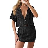 Saodimallsu Womens 2 Piece Cover Up Set Crochet Beach Summer Knit Button Short Sleeve Crop Top Mini Skirt Sets