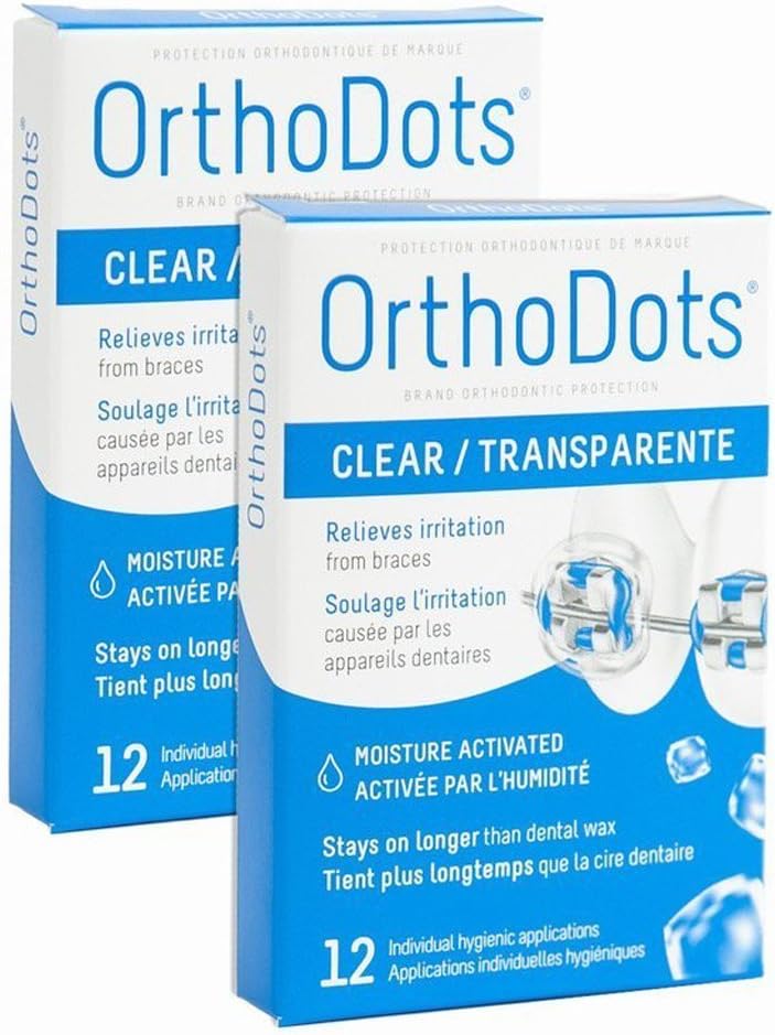 OrthoDots CLEAR (24 Count) - Moisture Activated, Silicone Dental Wax Alternative for Pain Caused by Braces. OrthoDots Stick Better & Stay on Longer than Orthodontic Wax (24 Count Clear)