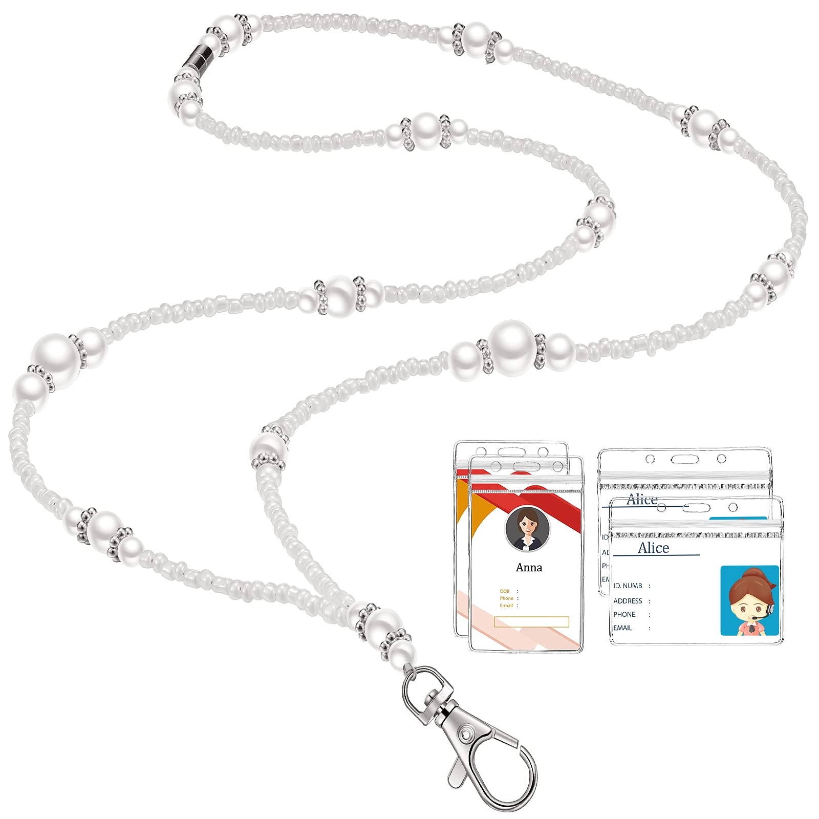 Zonon Pearl Badge Lanyard with 4 Pcs ID Holders for Women Beaded Neck Artificial Pearl Key Reel Lanyard with Horizontal Vertical Badge Reel Holders for Nurse Teacher Women (Classic Style)