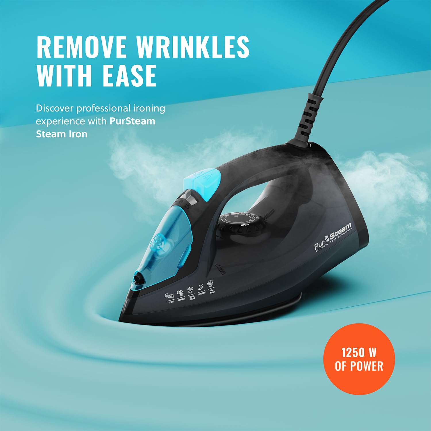 PurSteam Professional 1250W Steam Iron | Powerful Steamer with Burst of Steam & Spray | Non-Stick Soleplate, Easy Temperature Control & Auto Shut-Off