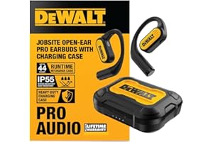 DEWALT Heavy Duty Open Ear Headphones, Bluetooth 5.3 Wireless Earbuds IP55, 44Hrs Runtime, Jobsite Premium Sound True Wireless Air Conduction Open Ear Earbuds with Earhooks for Worksites and Workouts