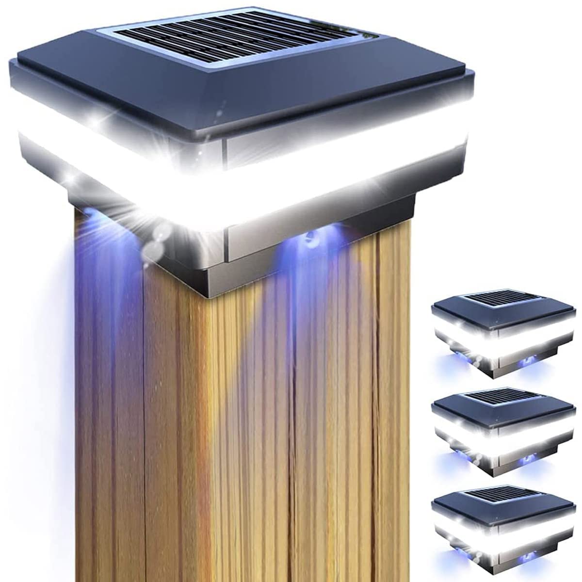 GEYUEYA Home Solar LED Post Lights Outdoor Garden Post Lights Solar Powered Solar Fence Lights IP65 Waterproof Square Black Landscape Post Cap Lamp for Patio Fence Post Deck Wooden Posts(4 Pack)