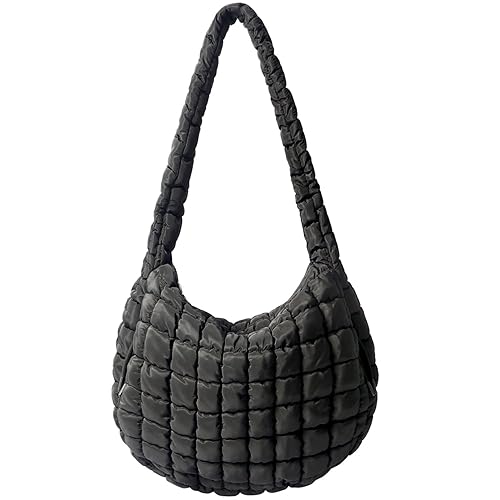 Puffer Tote Bag Large Puffy Quilted Soft Quilted Crossbody Bag Carryall Hobo Handbags for Women Girl (Black)