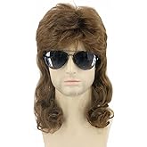 Topcosplay Men's 80s Mullet Wig Brown Curly Wavy Long Halloween Costume Cosplay Man Wigs