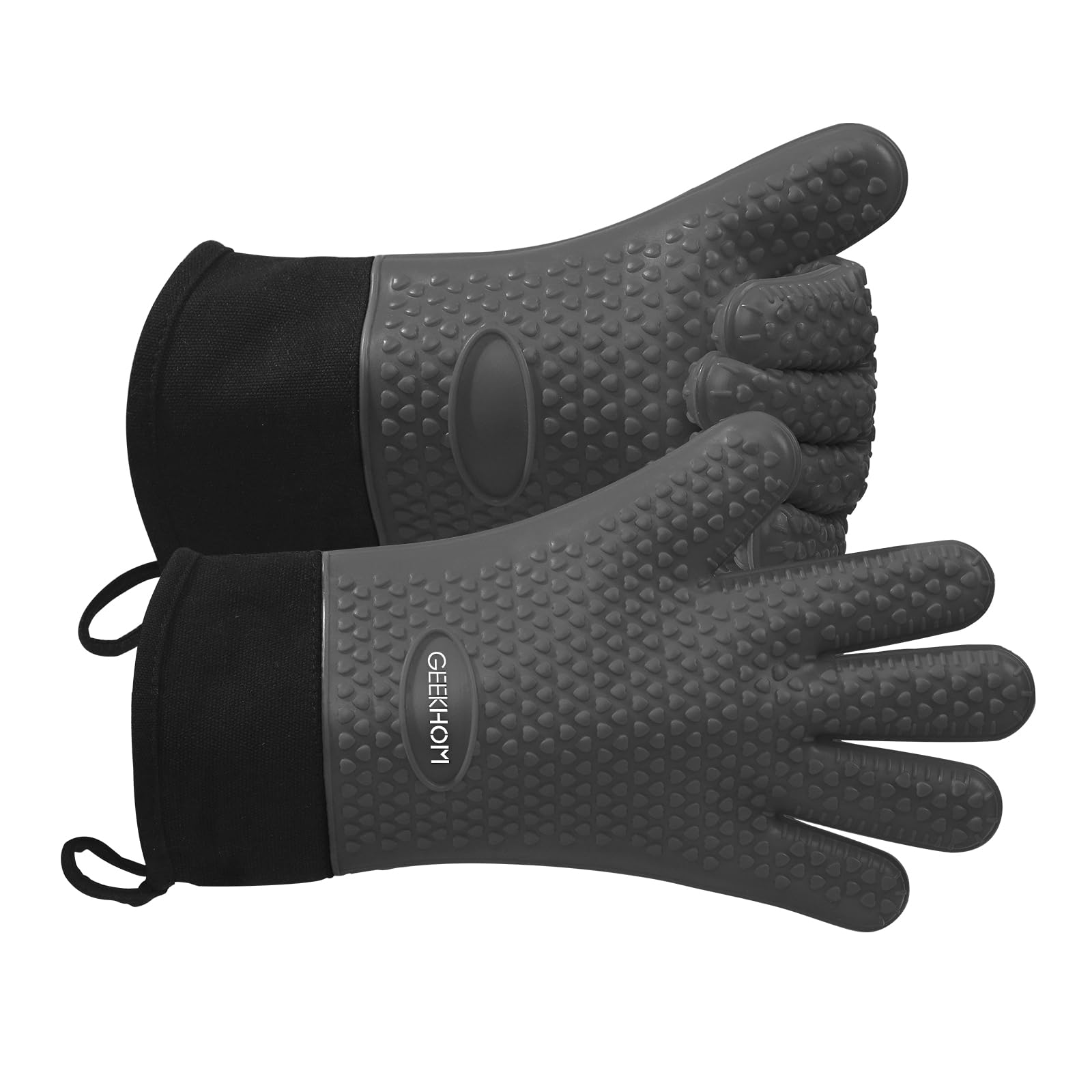 GEEKHOM Silicone Oven Gloves Heat Resistant Silicone Oven Mitts BBQ Gloves Waterproof Kitchen Gloves for Barbecue Grilling Weber Microwave, Non-Slip Oven Gloves with Fingers, Grey