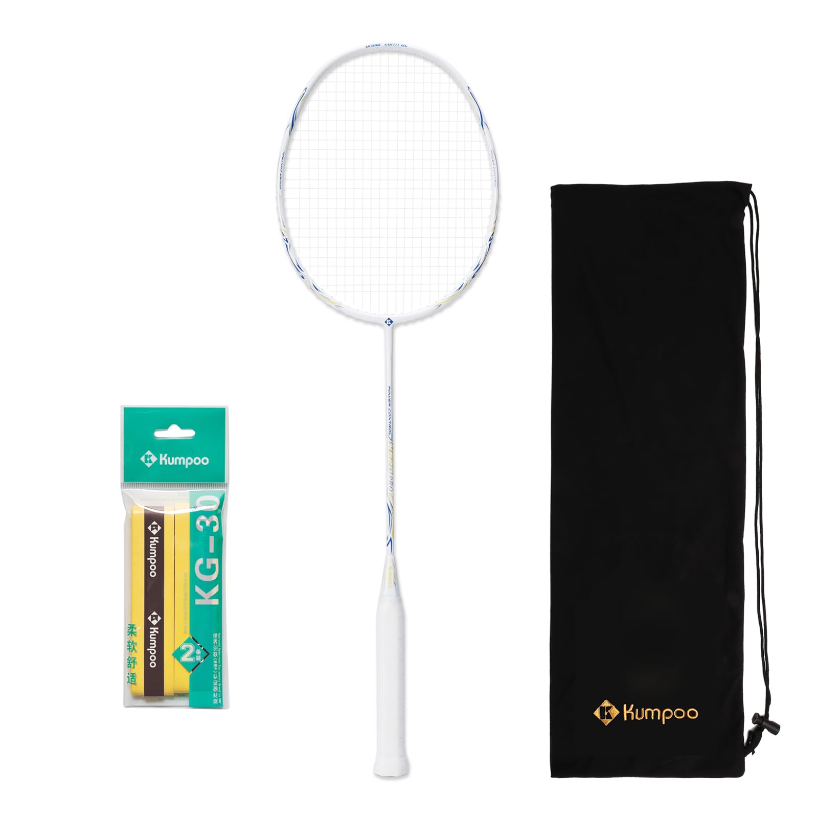 KUMPOO Badminton Racket Carbon Fiber Racquet, Professional Badminton Racket Set with Overgrips and Cover, Racket Lightweight for Beginers, Intermediate Players Outdoors Games Training, K520PRO Blue