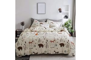 Houseri Beige Bear Comforter Set Twin Size 3 Pieces Toddler Girls Boys Woodland Theme Cartoon Bedding Sets Ultra Comfy Fox Rabbit Forest Animal Print Breathable Soft Bed Quilt Blanket Twin Kids Gift