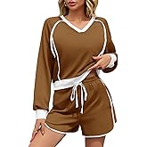 Fisoew Womens 2 Piece Outfits Casual V Neck Cropped Sweatshirt High Waisted Workout Shorts Sets Loose Tracksuits