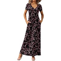 CATHY Women Short Sleeve Deep V-Neck Casual Long Dress Sexy Pleated Waist  Maxi Dresses with Pockets, S, Big Green Leaf at Amazon Women's Clothing  store