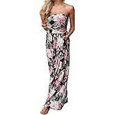 PRIMODA Womens Strapless Tube Top Maxi Dress Floral Boho Beach Dress with Pockets