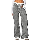Cicy Bell Womens Wide Leg Jeans High Waisted Drawstring Color Block Patchwork Baggy Loose Y2K Denim Pants with Pockets
