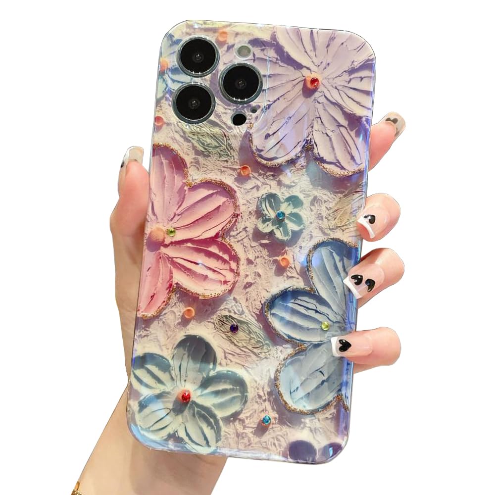 EYZUTAK Case for iPhone 13 Pro, Colorful Retro Oil Painting Flower Laser Beam Glossy Pattern Cute Exquisite Floral Blossom Phone Cover Stylish Durable TPU Protective Case for Girls Women - Pink Flower