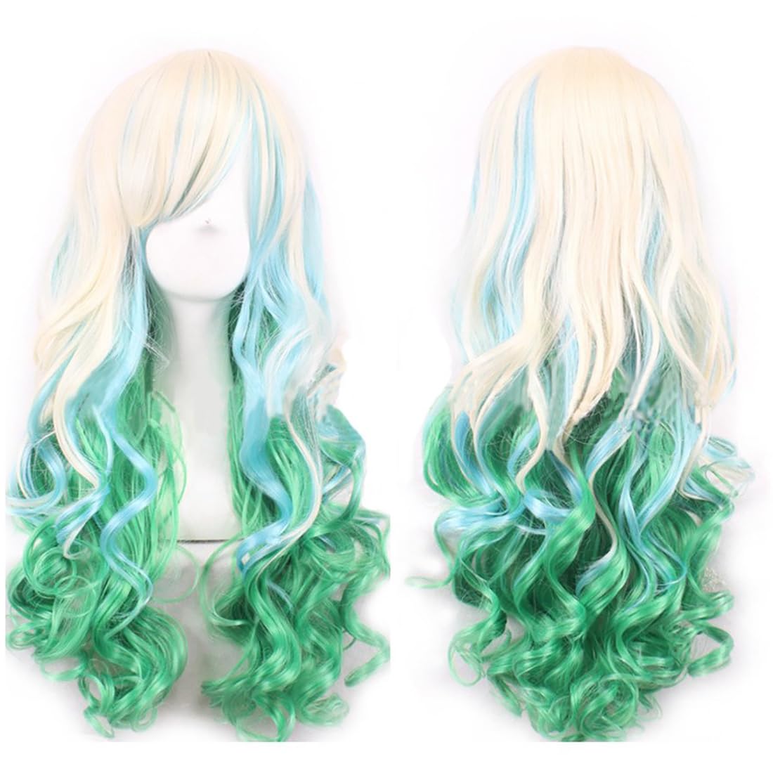IMISSU 26'' Long Natural Hair Wigs Cosplay Wig with Bangs Colorful Halloween Costume Party Wigs for Women (White Green)