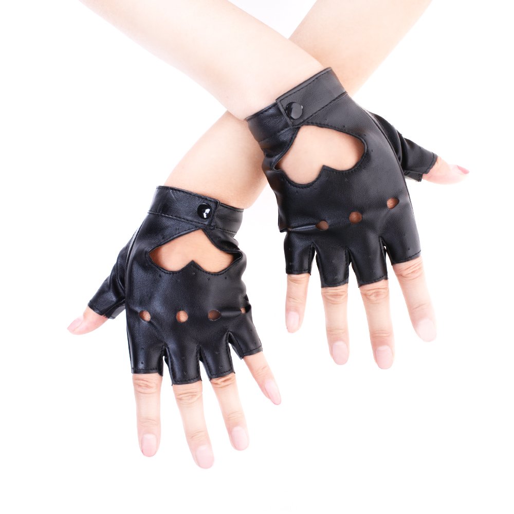 JISEN Women Punk Half Finger PU Leather Performance Gloves A-Black