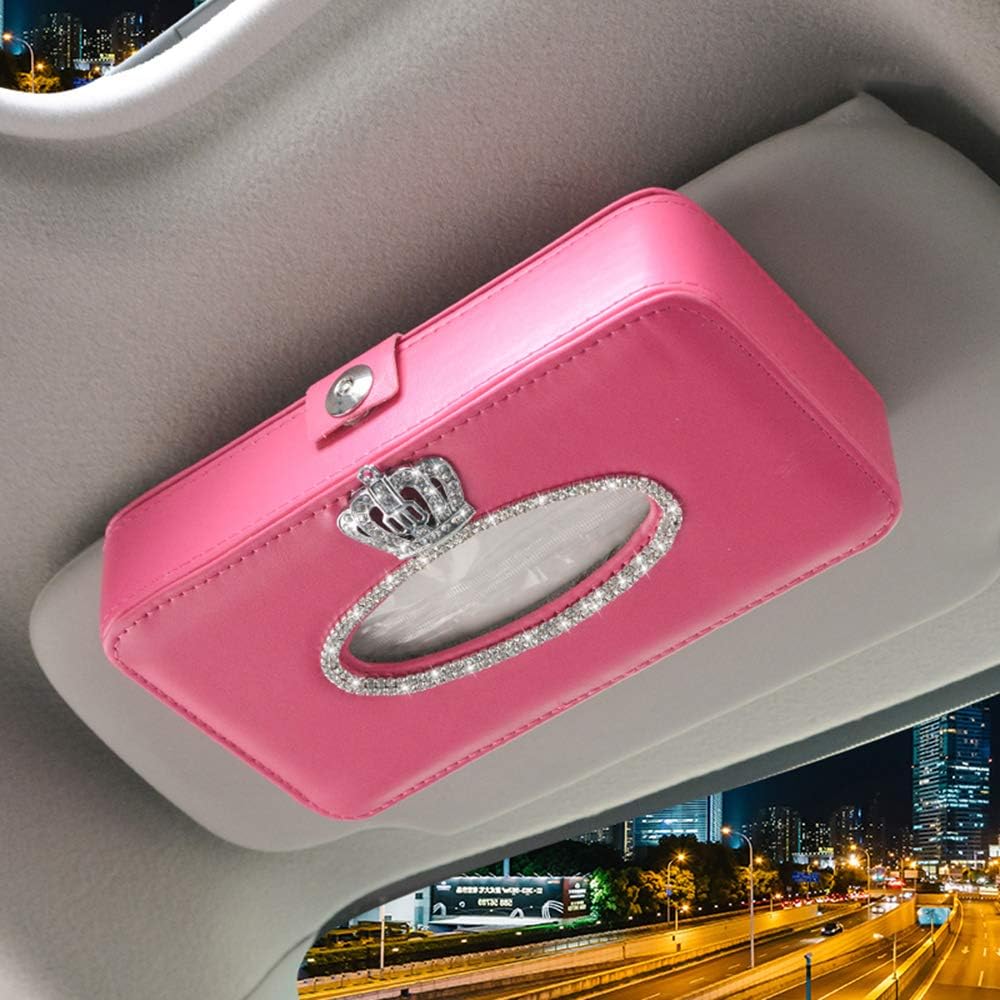 Dotesy Sparkling Bling Car Visor Tissue Holder Leather Crystals Paper Towel Cover Case for Women