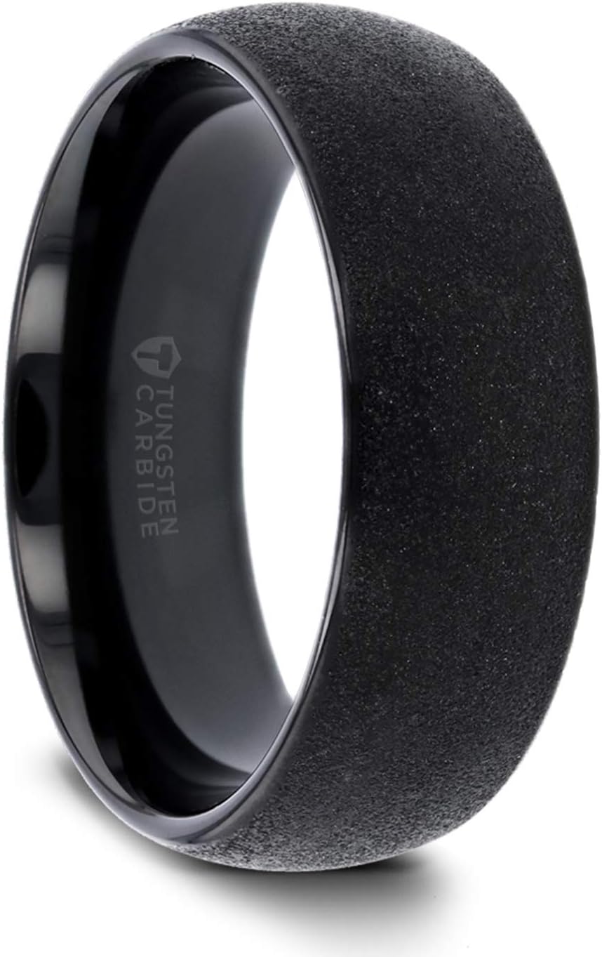 Thorsten Obsidian | Tungsten Rings for Men | Tungsten | Comfort Fit | Domed Black Tungsten Carbide Wedding Ring Band with Sandblasted Crystalline Finish - 8mm