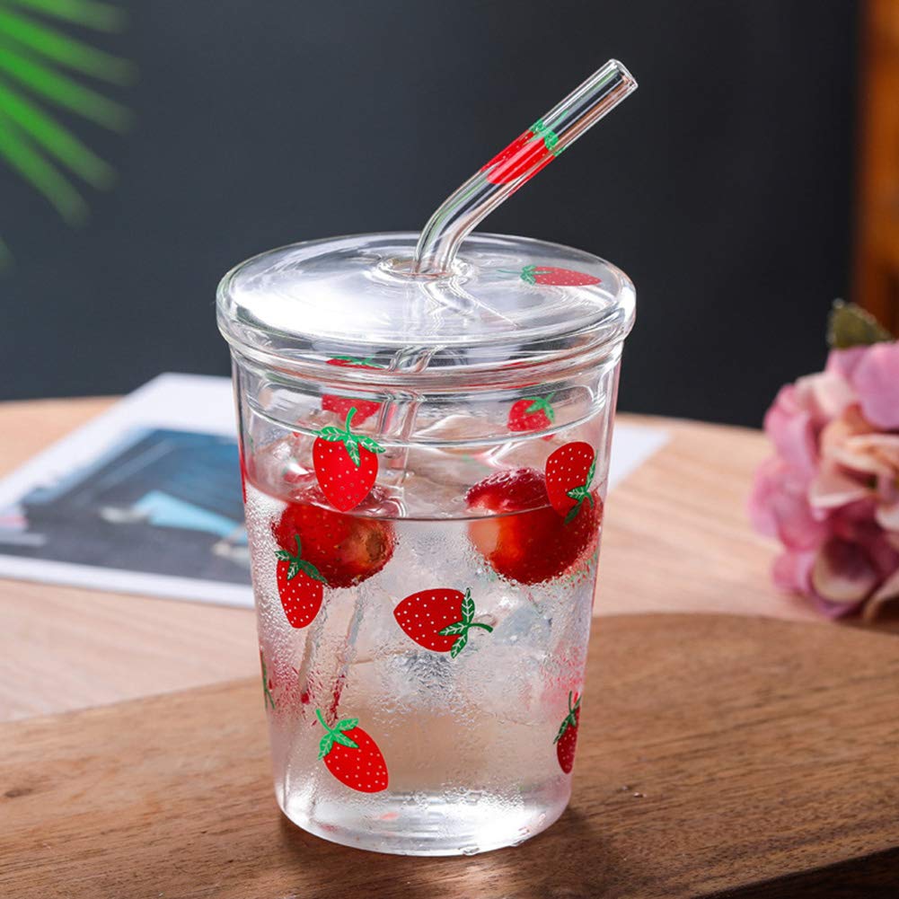 Heat Resisting Clear Strawberry Pattern Coffee Juice Drinking Water Glass Cup with Straw Lid Clear Strawberry Glass,Strawberry Cup and Straw,Strawberry Glass Tumblers,Strawberry Gl