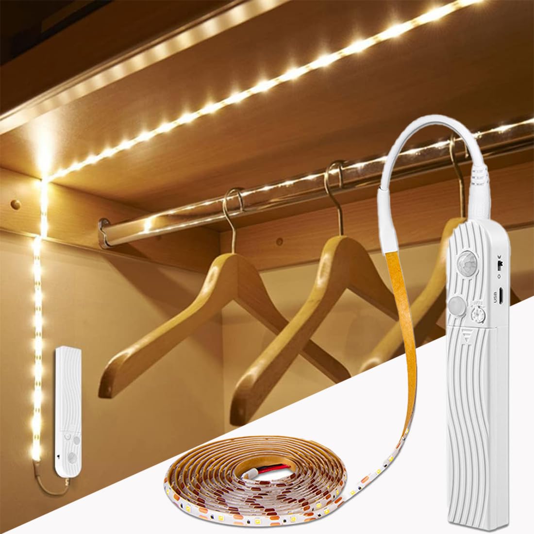 Minsezhi Motion Sensor Light, 3M/10FT LED Strip Lights,LED Closet Strip Light,Counter light band,Under Cabinet Lights,5V USB Battery Powered Cabinet Closet Night Tape Lights,Waterproof-Warm White