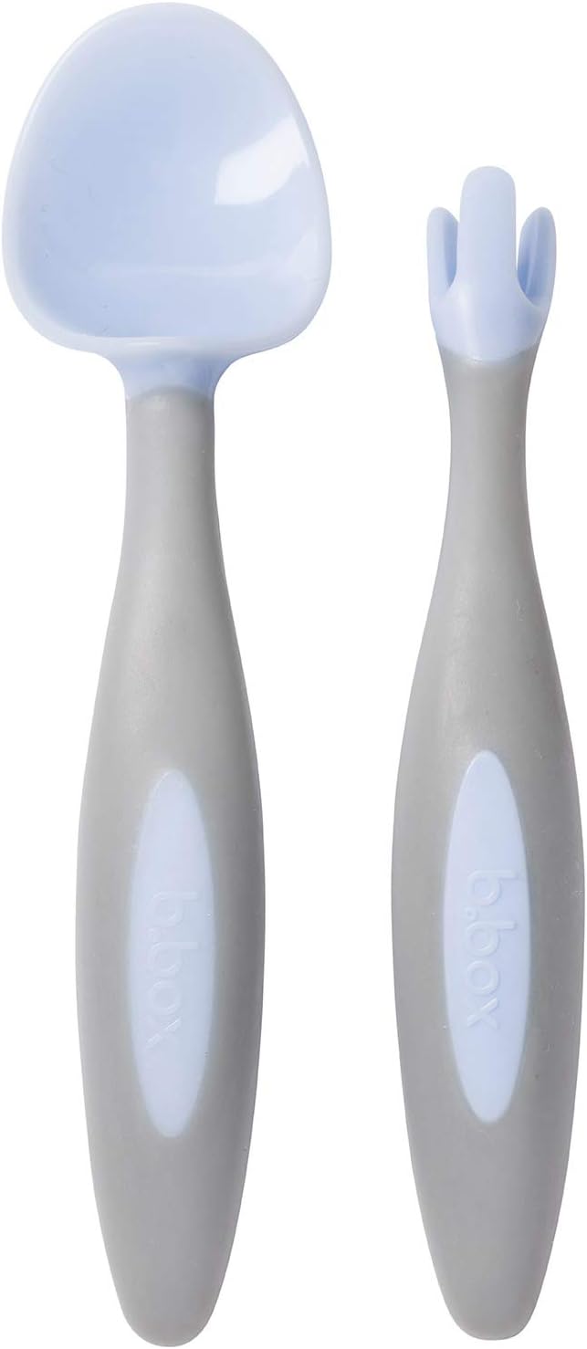 b.box Toddler Cutlery Set - Easy Grip Handles, Travel case, Unique Fork Design, Grey, 2 Piece Set