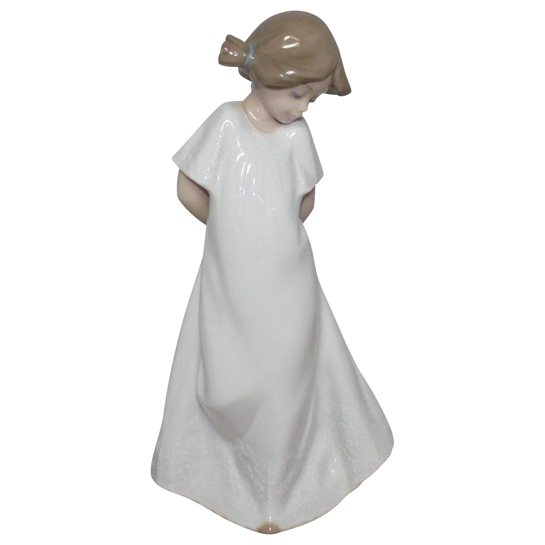 NAO So Shy. Decorative Gloss Porcelain Figure. Ornamental Figurine of a Girl in a Nightgown in White and Pastel Tones for Home Decoration